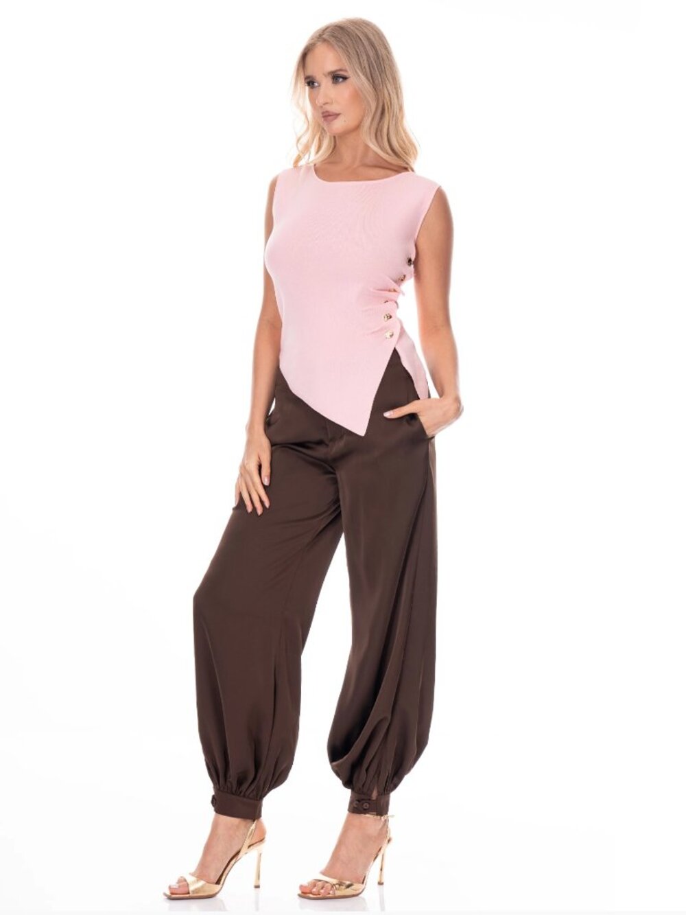 Sleeveless Pink Asymmetric Button-Detail Top - Picture 2 of 3